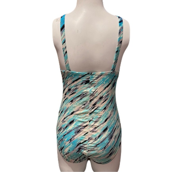 Speedo Turquoise Black Gray Abstract One Piece Bathing Suit Size 10 - Picture 2 of 11